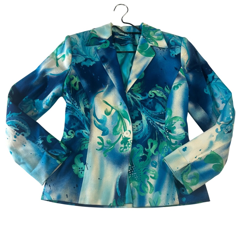 Vintage Floral Single Button Blazer Blue Teal White Artistic Print Jacket